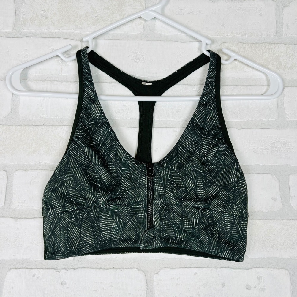 Lululemon Front Zip Racerback Sports Bra Green Geometric Palm Leaf Print Size 4